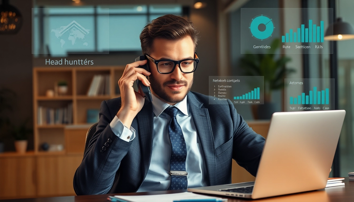 Professioneller Headhunter Vertrieb in einem modernen Büro, der telefoniert und Erfolg graphisch darstellt.