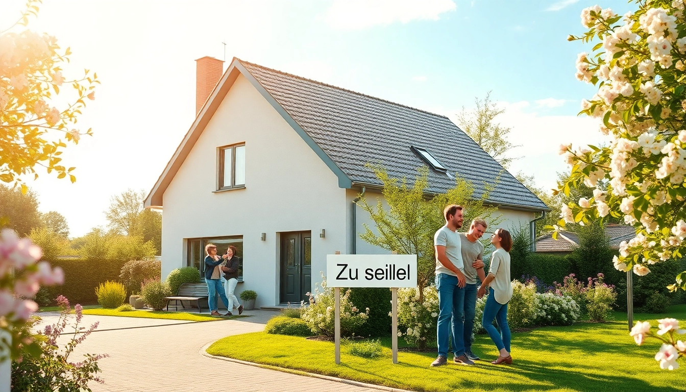 Entdecken Sie die Freuden des Hauskaufs mit einer glücklichen Familie vor ihrem neuen modernen Einfamilienhaus.