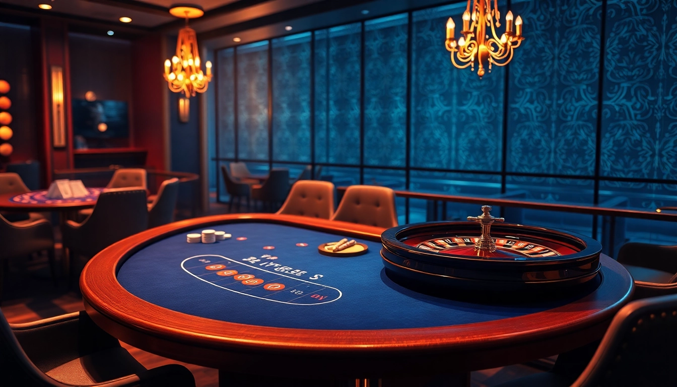 Erleben Sie die aufregende Atmosphäre von auslaendischen online Casinos bei einem luxurösen Blackjack-Spieltisch mit warmem Licht.