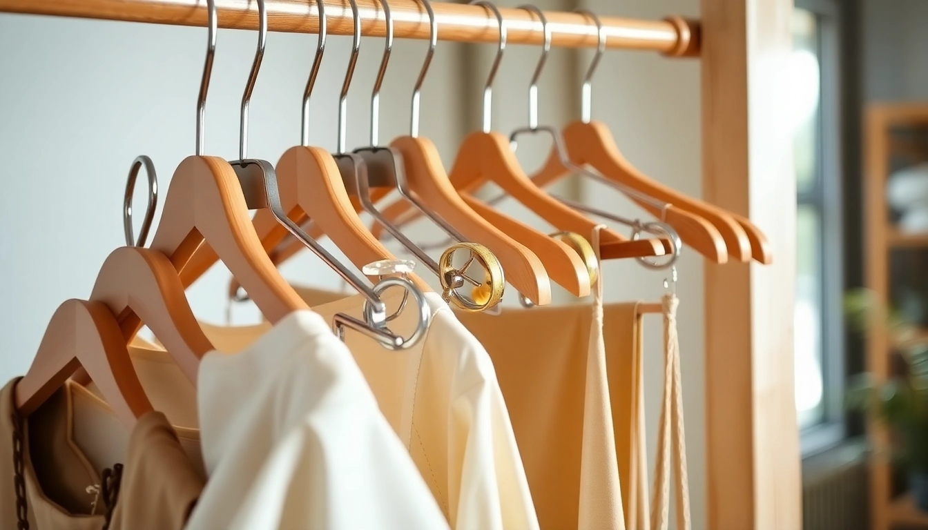 Stylish kleiderbügel displayed on a wooden rack, showcasing various designs and materials for elegant storage solutions.
