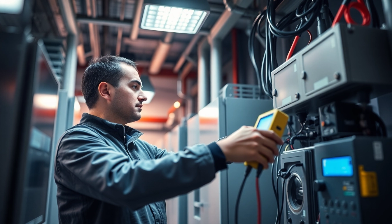 Technician conducting prüfung ortsveränderlicher elektrischer betriebsmittel on electrical devices in a professional setting.