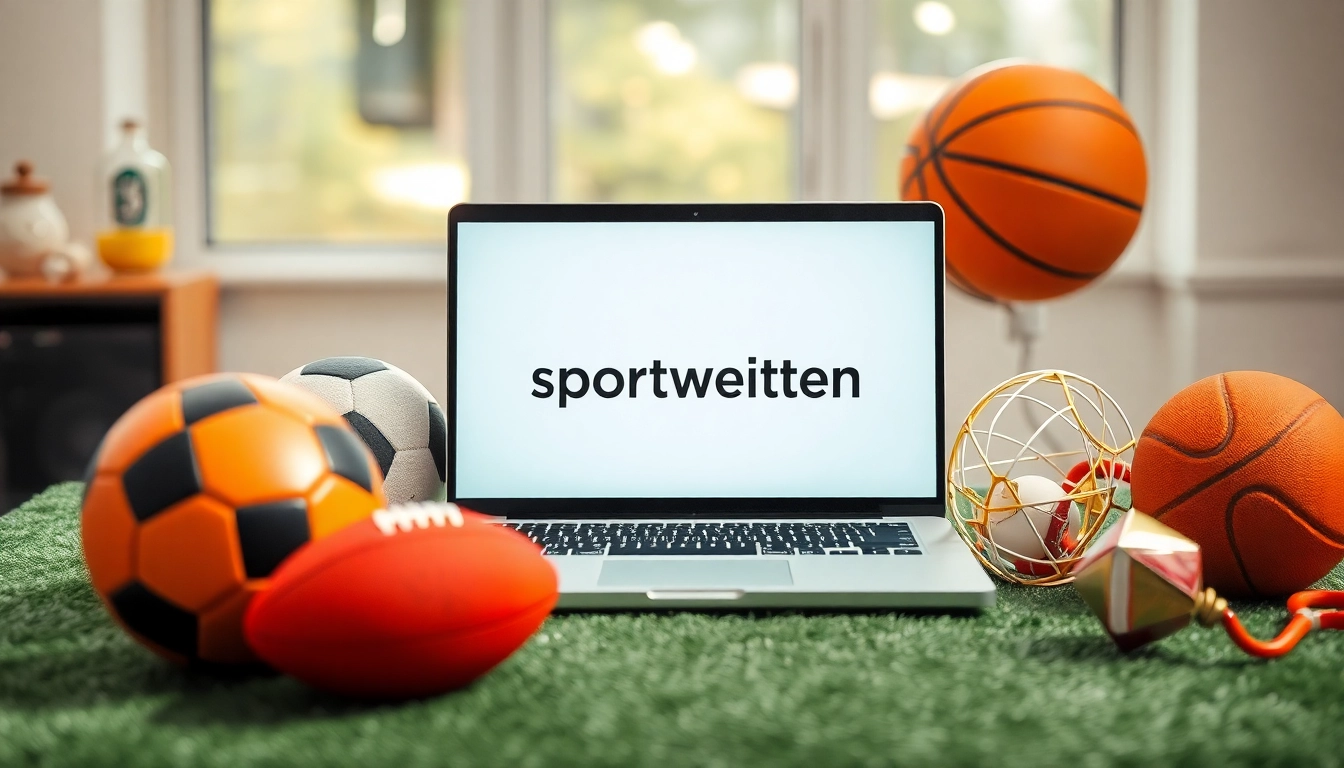 Erleben Sie sportwetten ohne lizenz auf einem stilvollen Laptop, umgeben von Sportgeräten in einem dynamischen Setting.