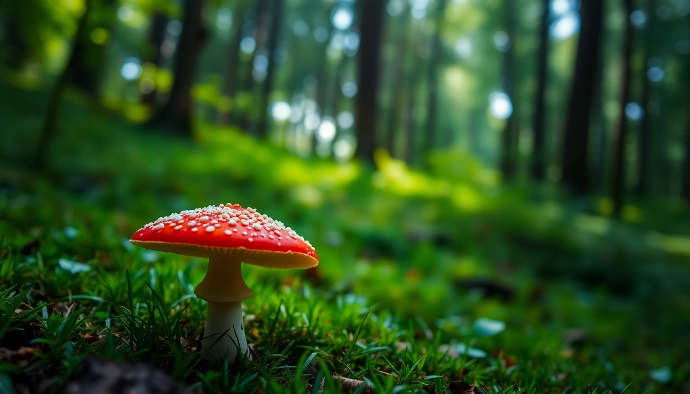 Amanita muscaria kaufen in der Natur, rot leuchtender Pilz vor grünem Hintergrund.