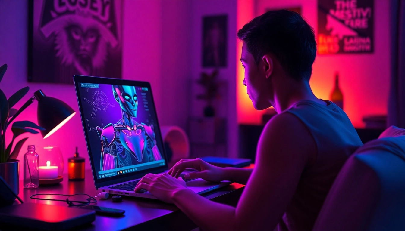 Immersive NSFW AI chat experience with a captivating character on a laptop screen.