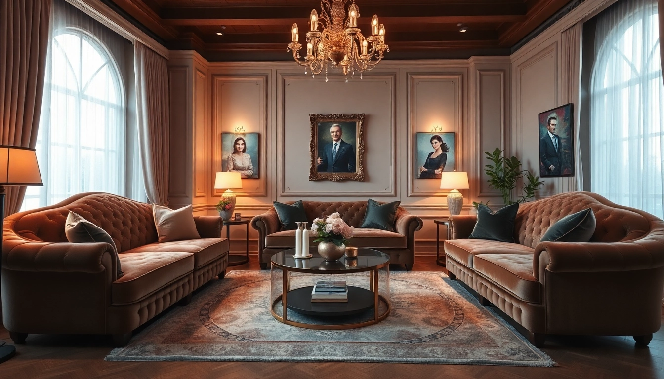 Indulge in luxury with a plush, elegantly decorated living room featuring velvet furnishings and soft lighting.