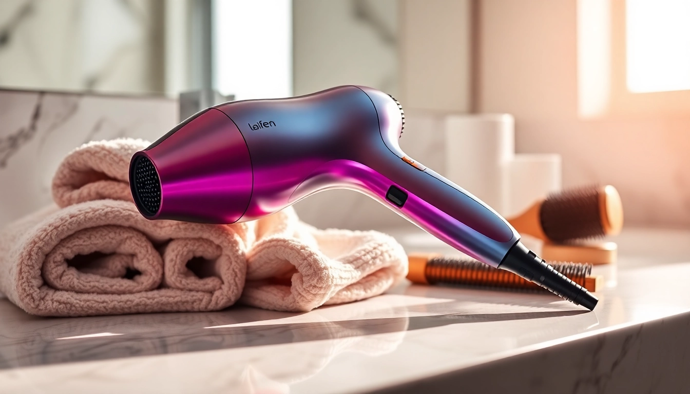Optimieren Sie Ihr Haarstyling mit dem laifen swift Haartrockner, der in einem eleganten Badezimmer präsentiert wird.