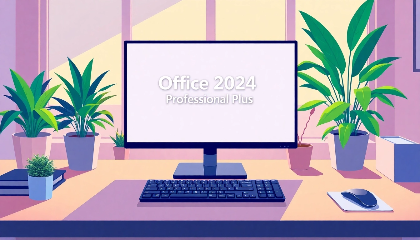 Aktivierungscode für Office 2024 Professional Plus auf einem modernen Computerbildschirm, umgeben von einem eleganten Bürodesign.