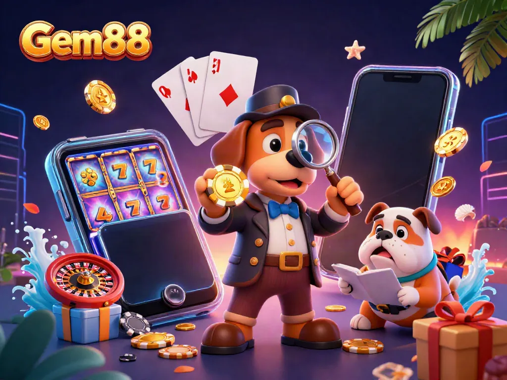 Explore Gem88's thrilling games with a vibrant casino scene featuring characters and rich symbols.