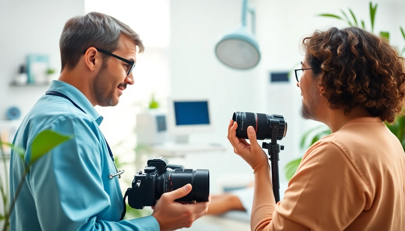 Praxisfotograf München in einer hellen Klinikumgebung, während er einen engagierten Moment zwischen Arzt und Patient festhält.