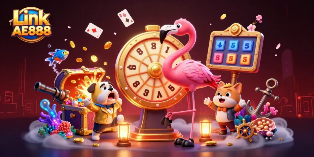 Spin to win with Link AE888 as a flamingo host and bulldog contestant celebrate in a lively casino atmosphere.