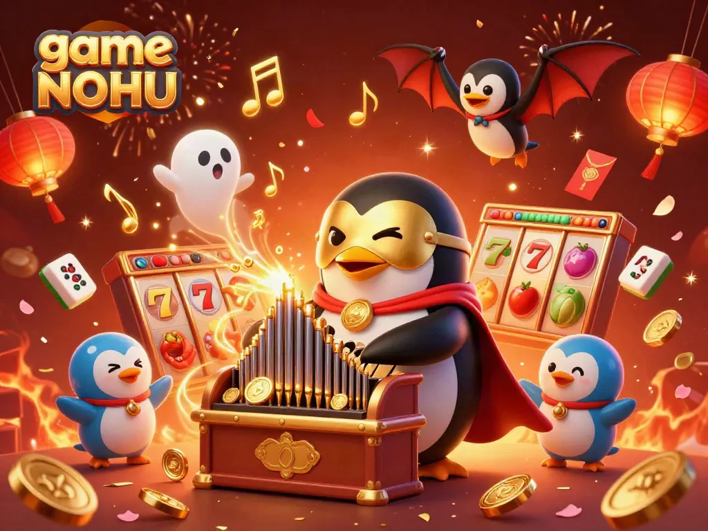 Experience game NOHU with vibrant 3D image of a penguin playing a golden pipe organ in an exciting casino atmosphere.
