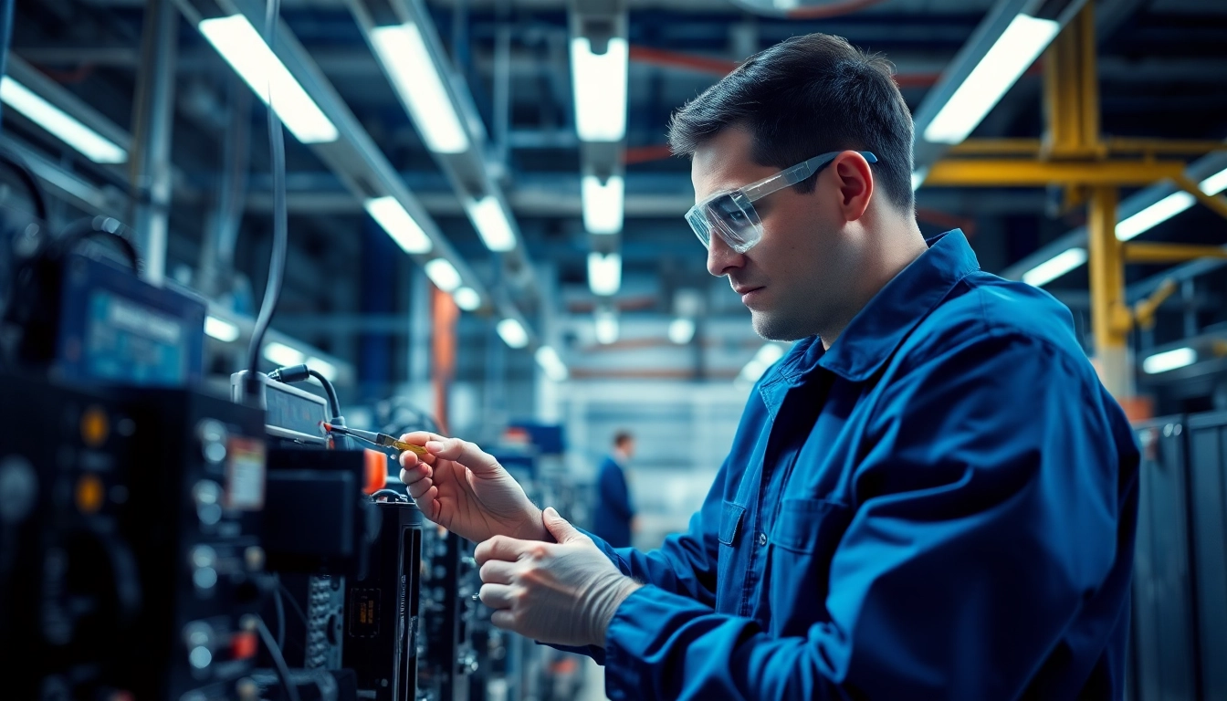 Technician conducting a Geräteprüfung on electronic devices with safety protocols in place.
