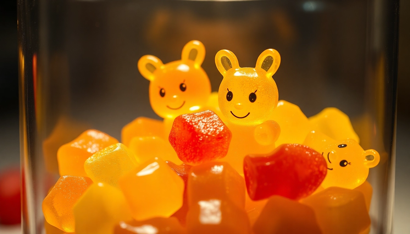 Verschiedene Thc gummibärchen in einem transparenten Behälter präsentieren die bunten Sorten und Geschmäcker.