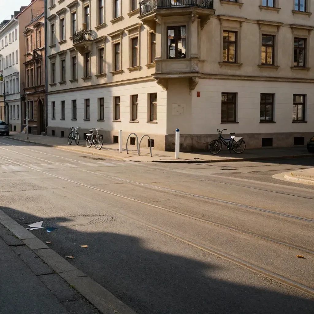 Kreuzberger Ecke mit Tramgleisen, Fahrradbügeln und Altbaufassaden im warmen Abendlicht.