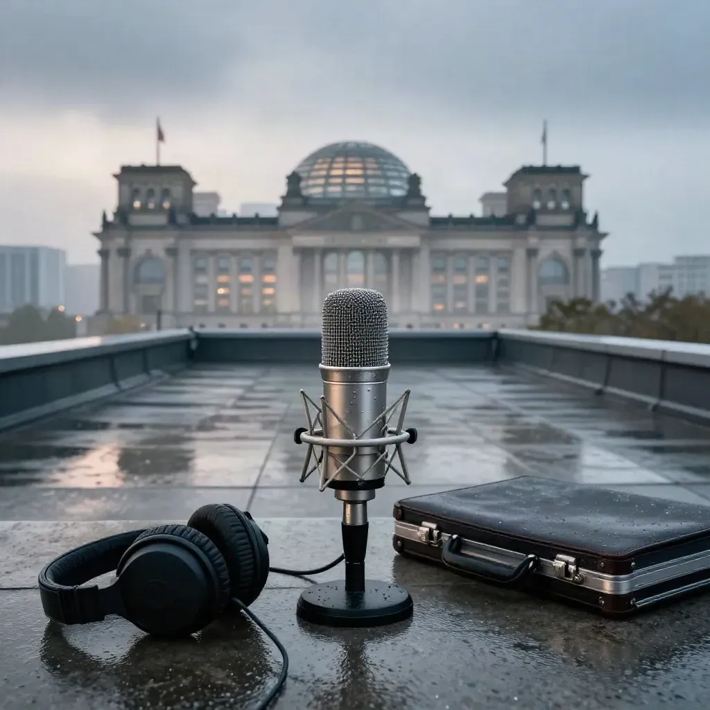 Mikrofon vor Berliner Skyline im Morgennebel mit Reichstagskuppel.