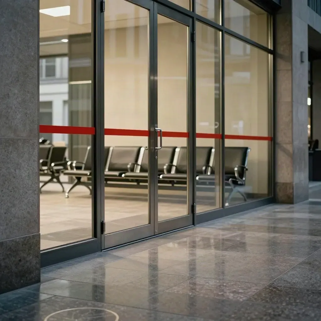 Foyer der Frankfurter Börse mit Glas, Steinboden und roten Akzenten nach Handelsschluss