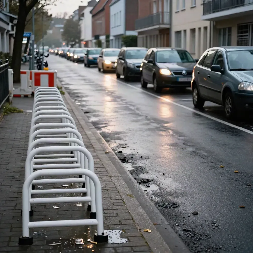 Urbane Wohnstraße mit Kita-Radständern, Bauzäunen und dicht geparkten Autos im Nieselregen.