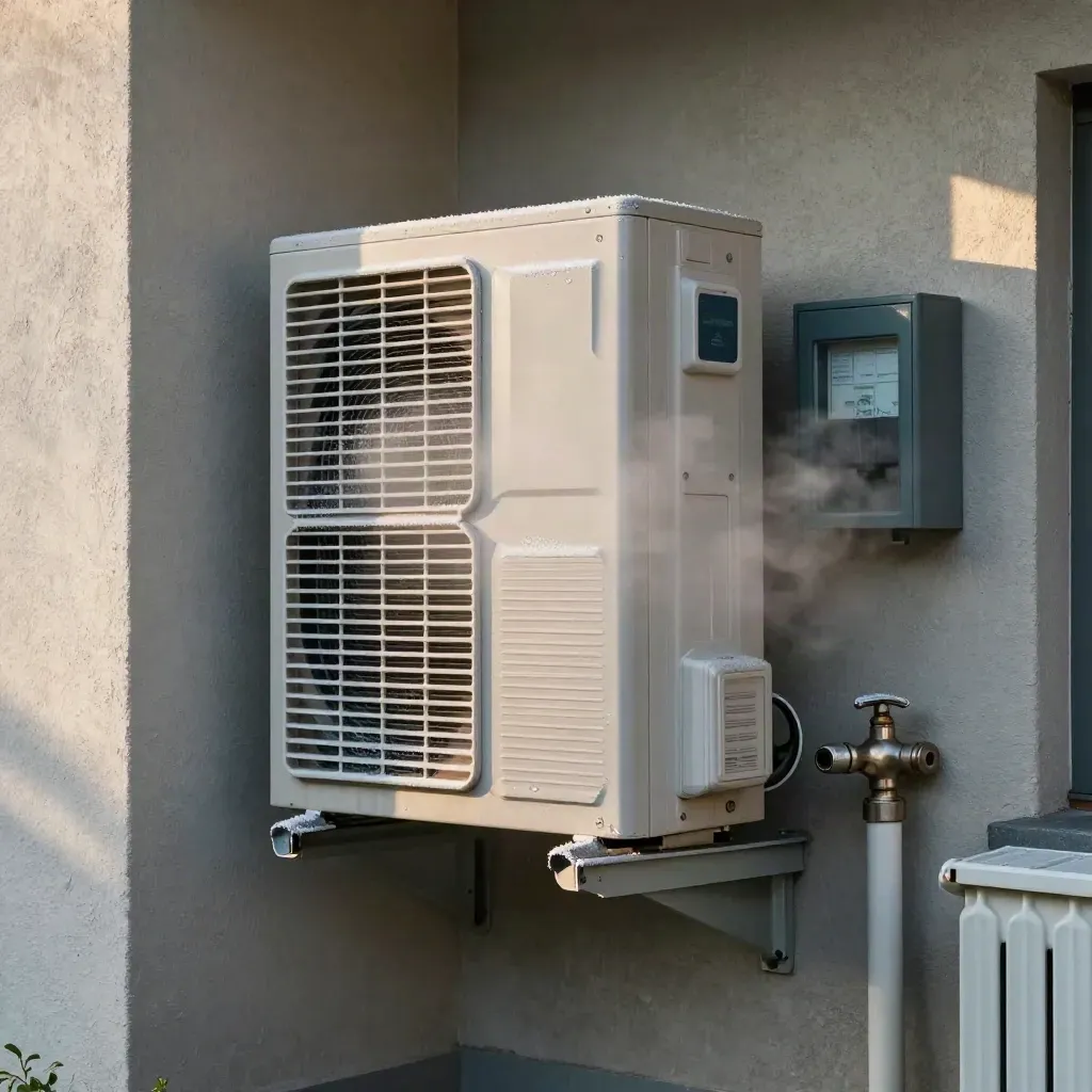 Wärmepumpe, Zählergehäuse und Heizkörperventil im kalten Morgenlicht mit Dampf