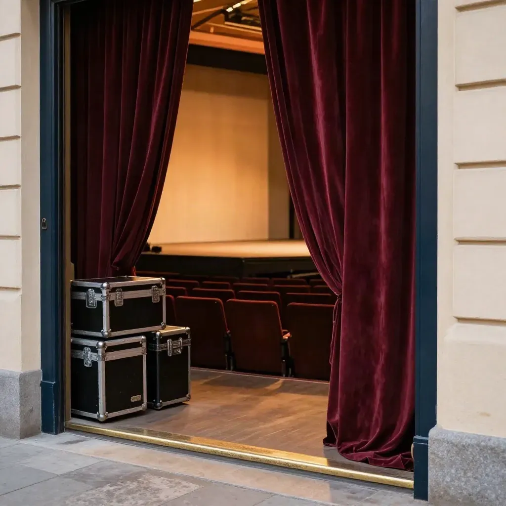 Leerer Theatereingang in Köln mit Samtvorhängen, Flightcases und Licht auf dem Boden.