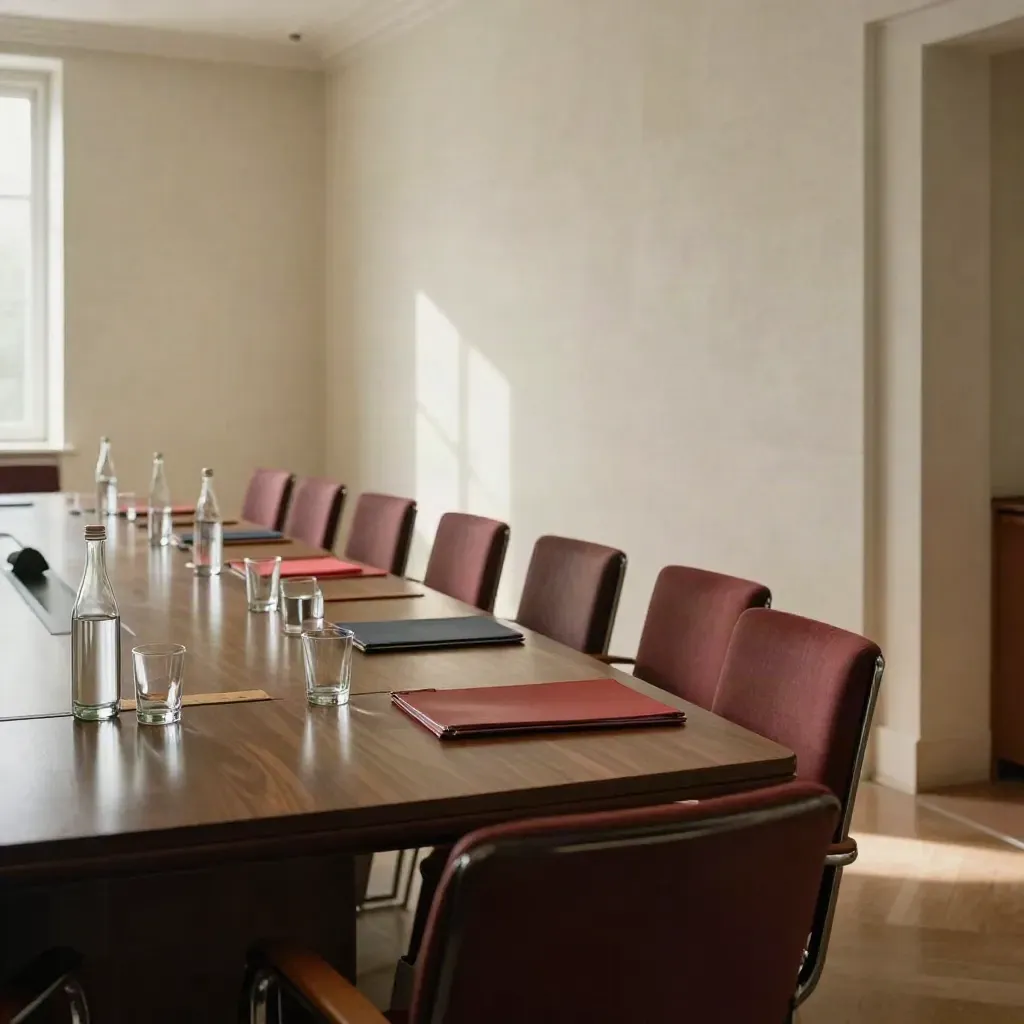 Leerer Konferenztisch im Kanzleramt mit Stühlen, Wasserflaschen und geschlossener Mappe