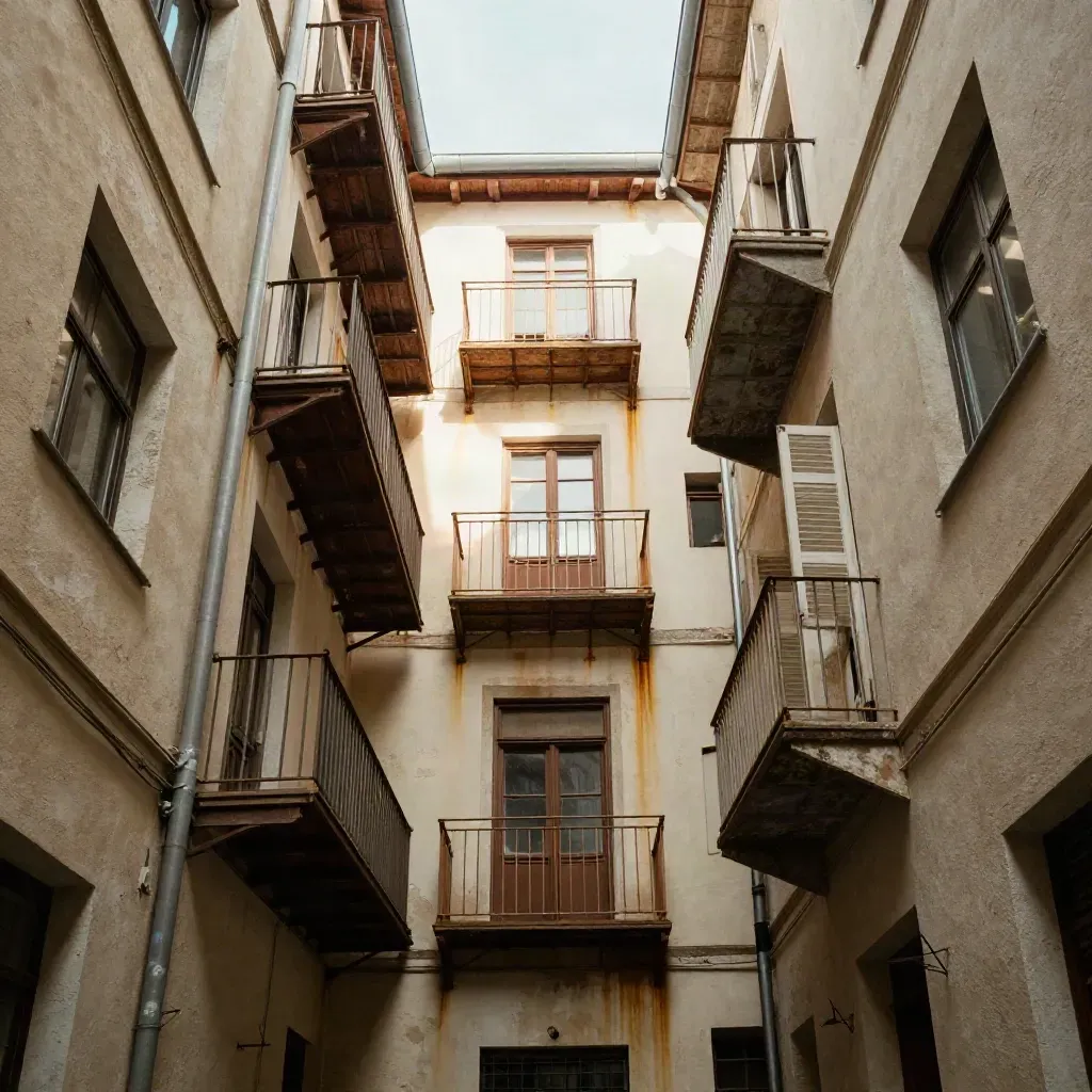 Enger Altbau-Innenhof mit Gerüst, Balkonen und hellem Lichthof von unten