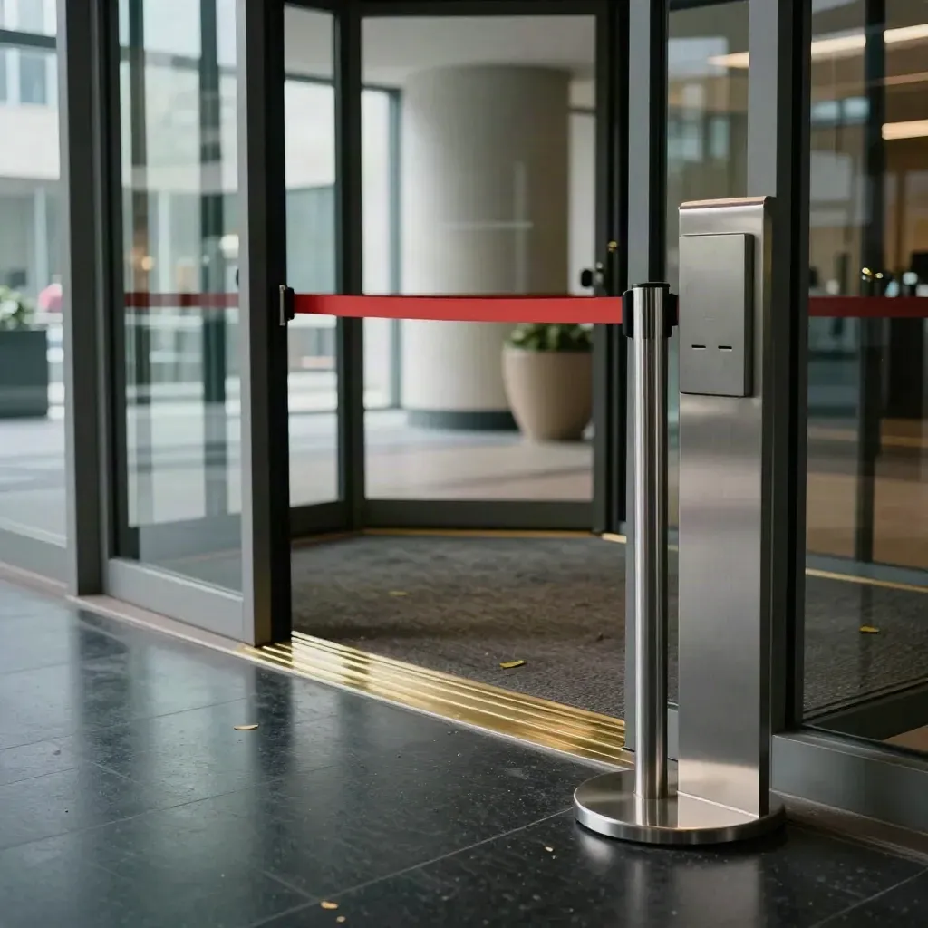 Gläsernes Foyer eines Frankfurter Hochhauses mit Messingkante und rotem Band im kalten Morgenlicht