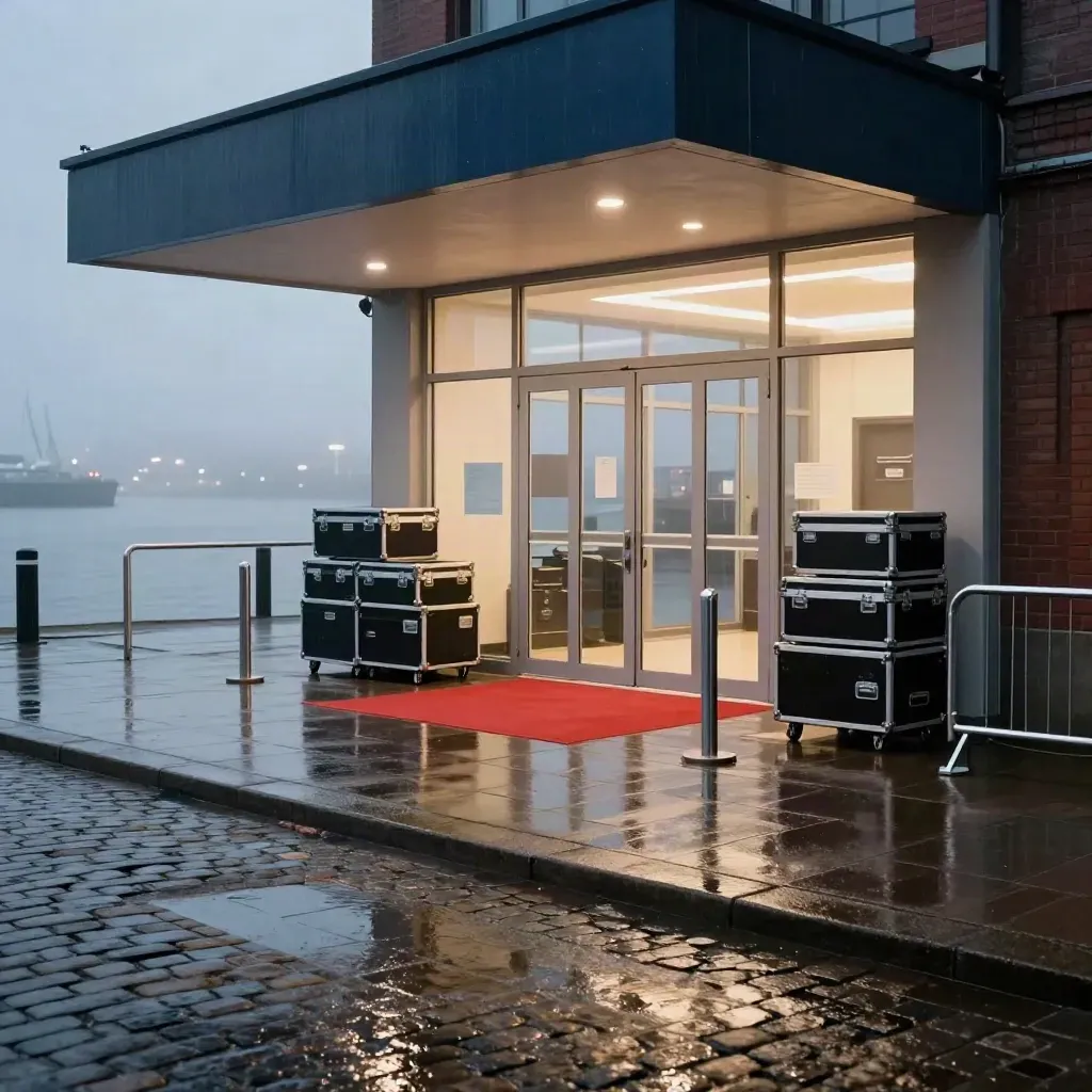 Nasser Kinoeingang in Hamburg mit rotem Teppich, Flightcases und Hafennebel
