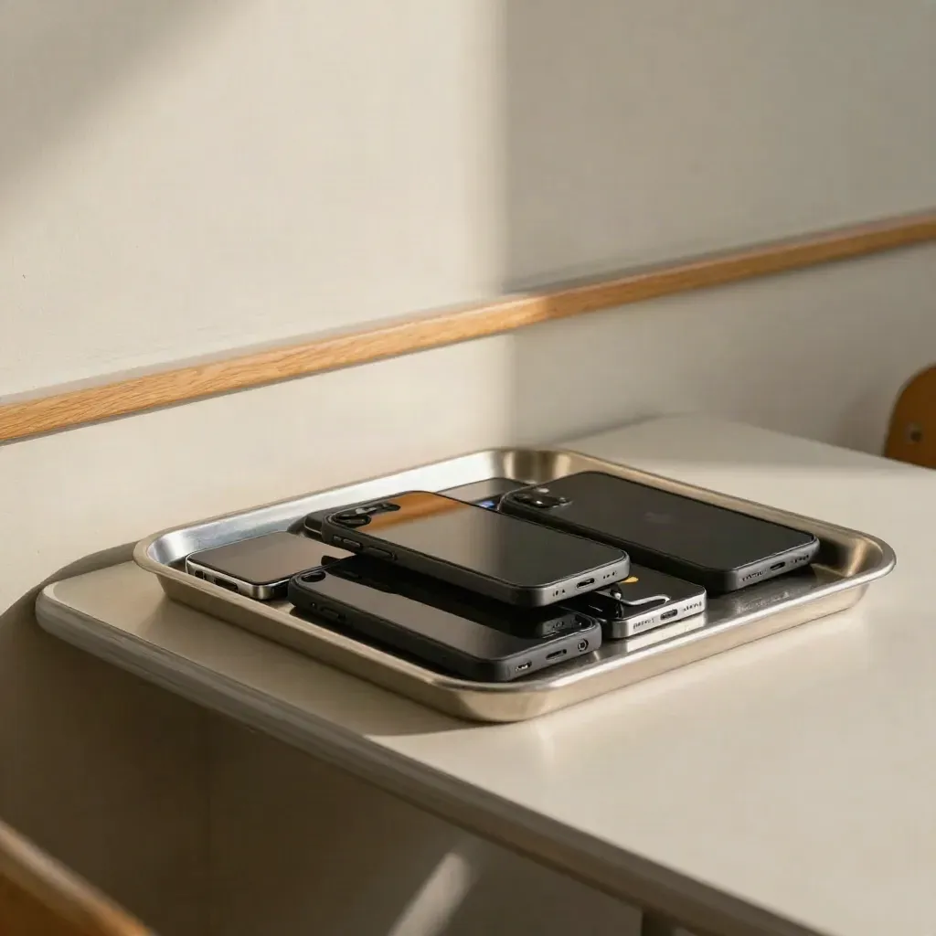 Metallwanne mit abgegebenen Smartphones vor heller Klassenzimmerwand, von oben gesehen.