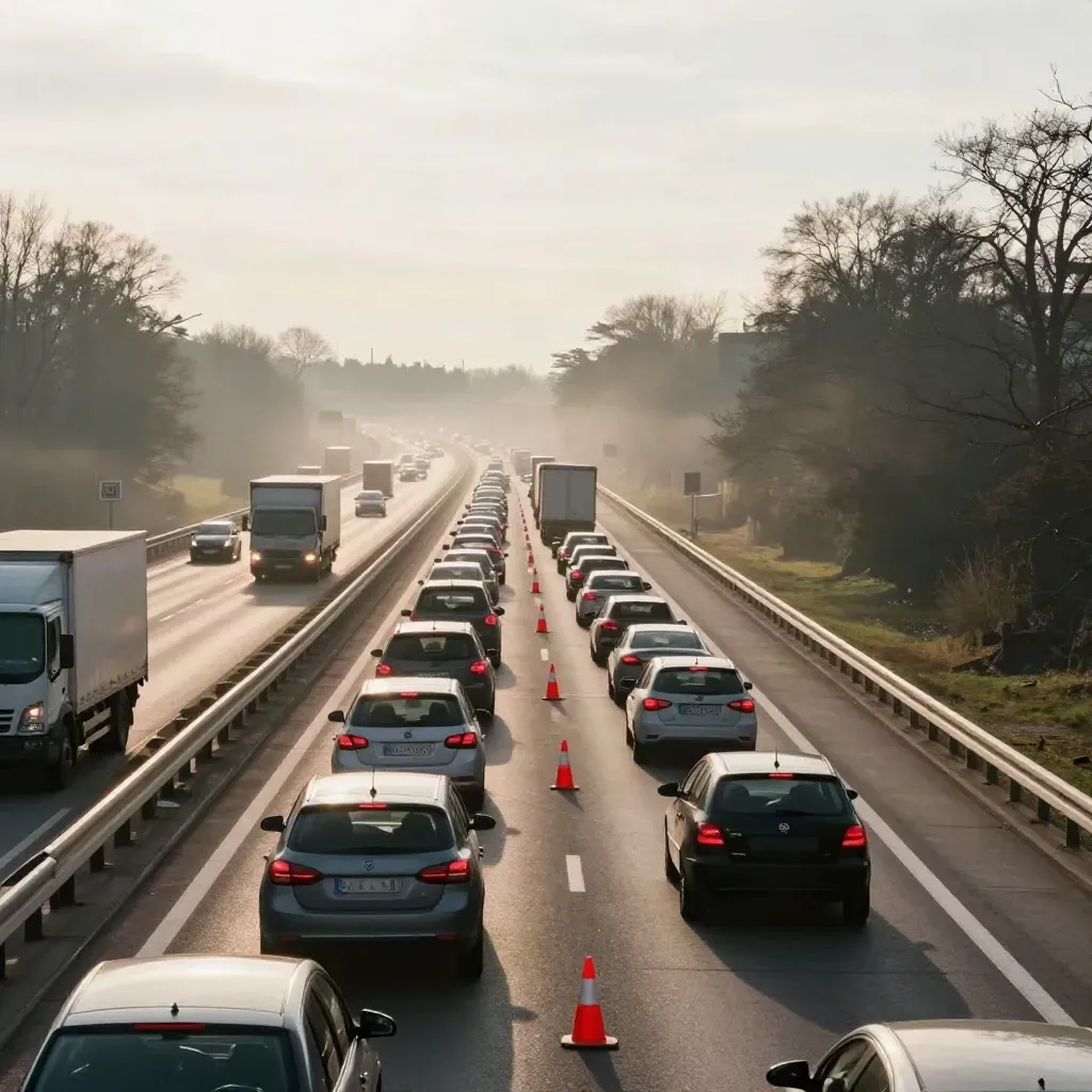 Stau auf der Autobahn mit Baustellenkegeln und roten Rücklichtern, von einer Brücke gesehen