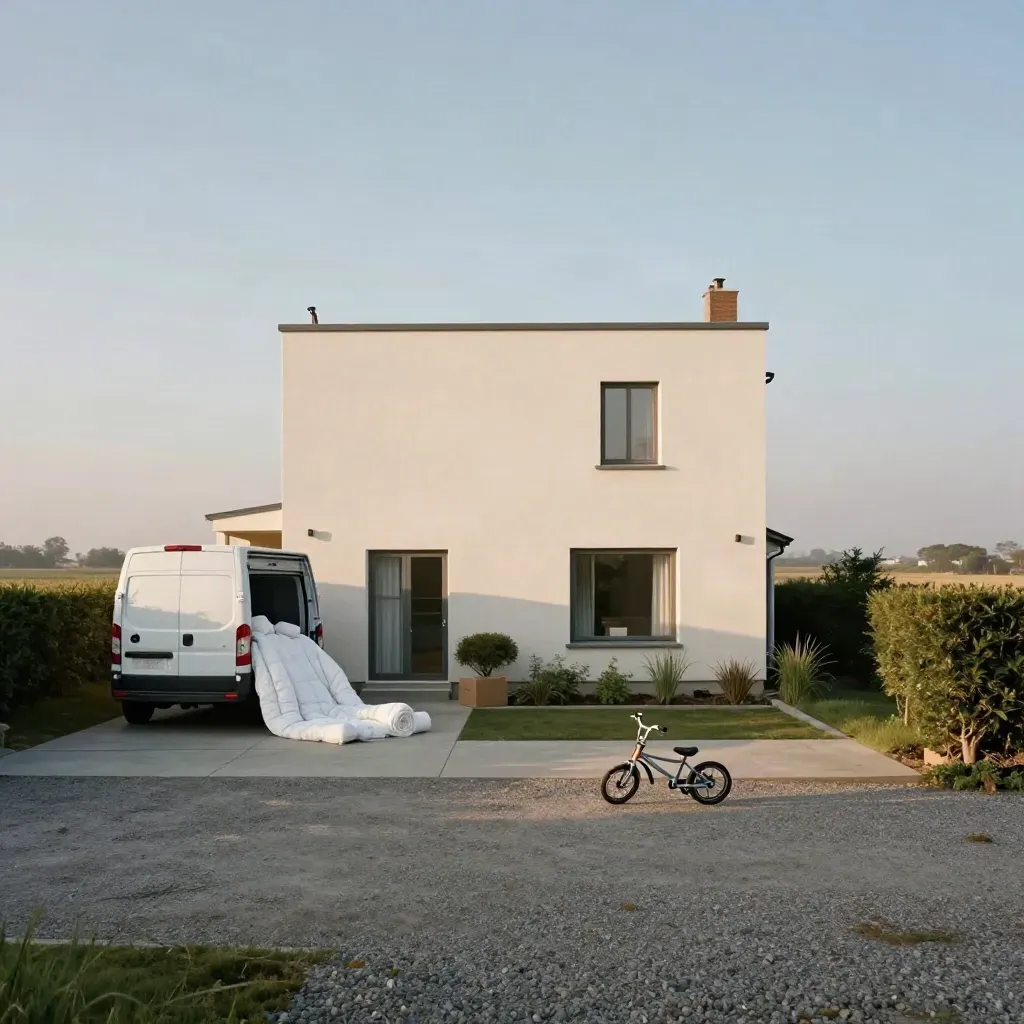 Randstadt-Haus mit Umzugswagen, offenem Garten und kleinem Spielzeugrad im Wind