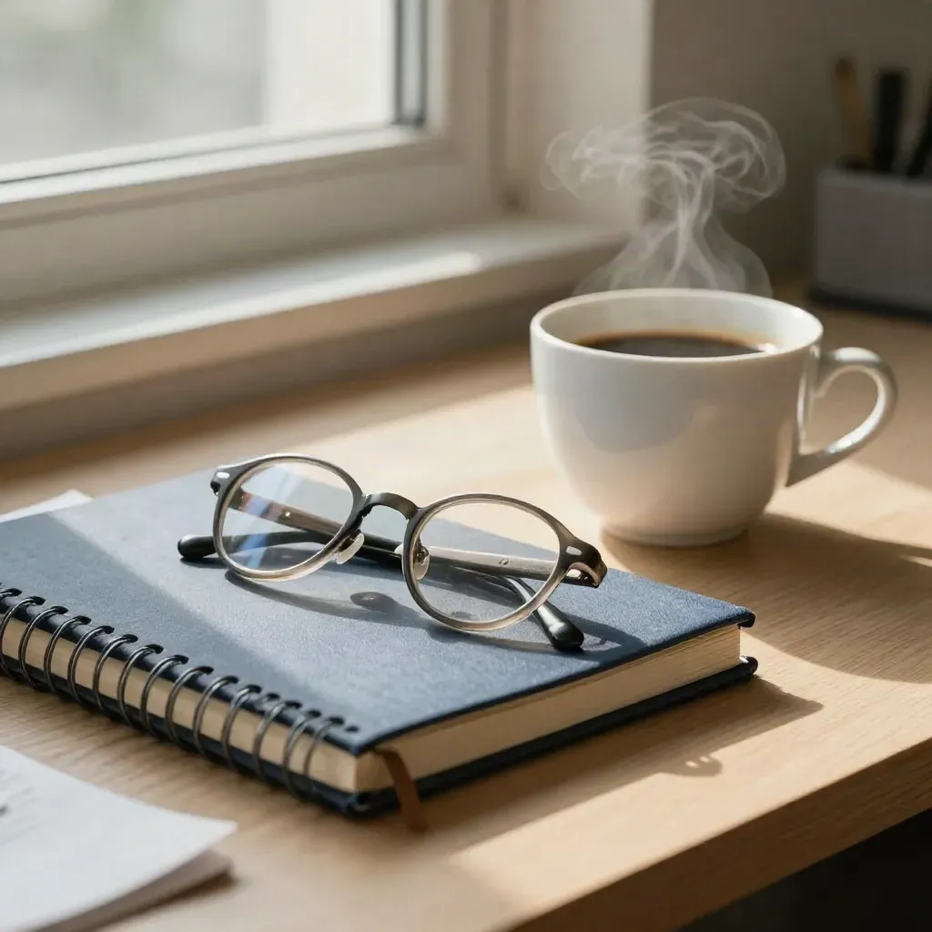 Kaffeetasse, umgedrehtes Notizheft, Brille und Papierkante am Fensterlicht eines ruhigen Redaktionsschreibtischs.