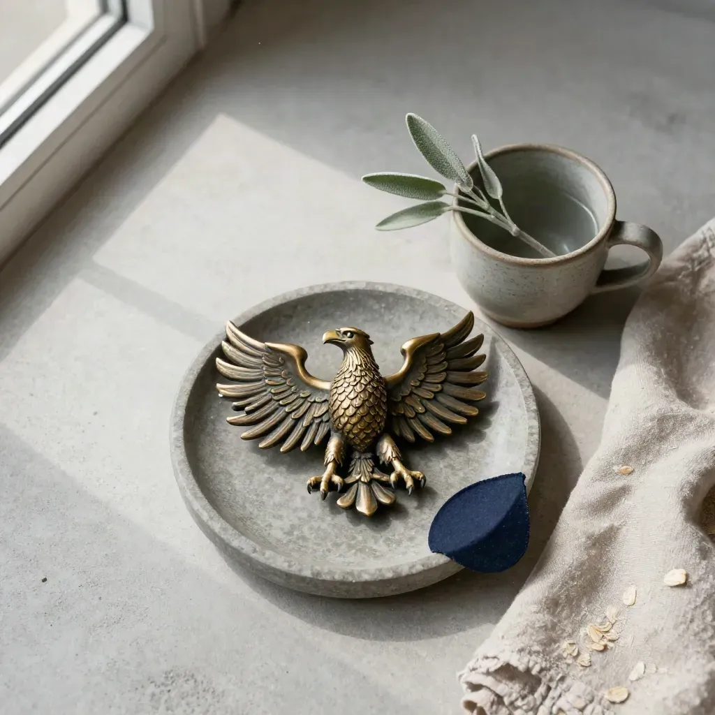 Bronzener Bundesadler-Papiergewicht in Steinschale mit Pflanze und Leinen auf hellem Beton.