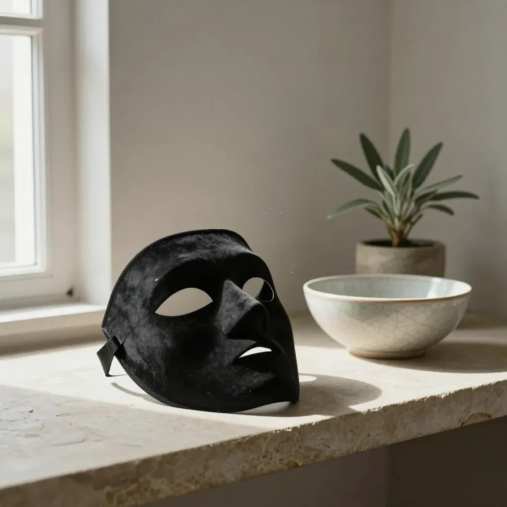 Matte schwarze Theatermaske, Keramikschale und kleine Pflanze auf Steinsims