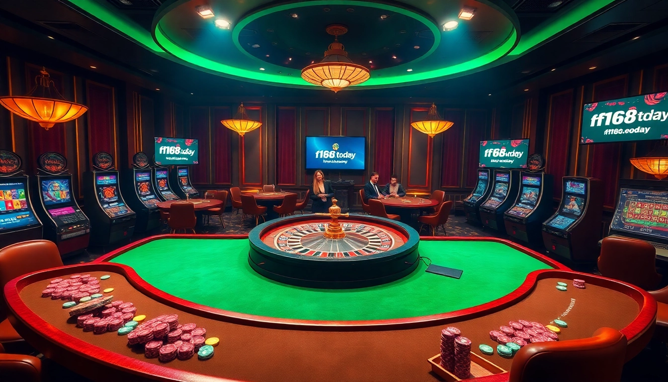 Engaged players enjoying games at https://f168.today/ casino, featuring vibrant tables and a roulette wheel.