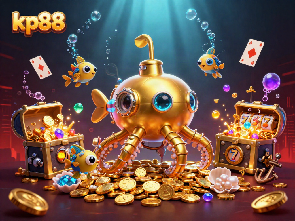 Experience kp88's thrilling underwater casino adventure filled with gold coins, slot reels, and mechanical fish.