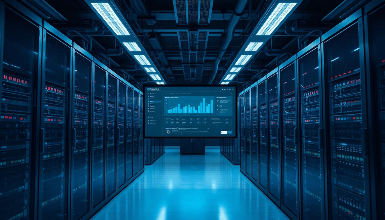 Grafik zeigt eine Serverfarm mit Windows Server 2022 für Virtualisierung und verschiedenen Computer-Dashboards.