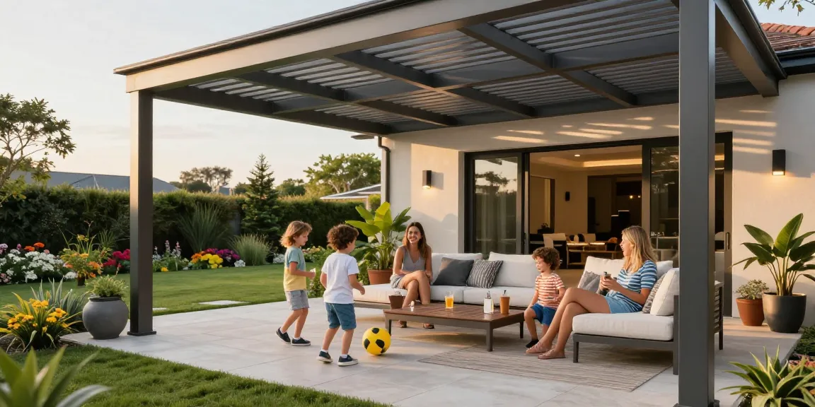 Moderne Terrassenüberdachungen bieten Schutz und Stil für Familienaktivitäten im Freien.