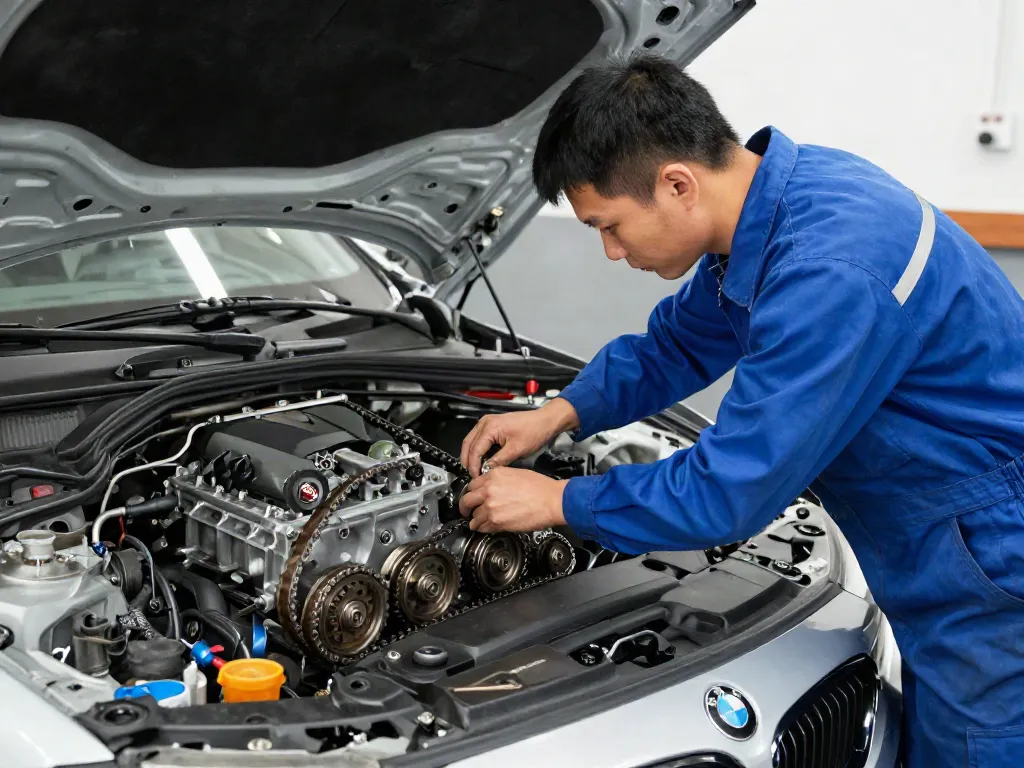 Mechaniker bei der Arbeit am Timing-Kettenwechsel eines BMW in Hannover.