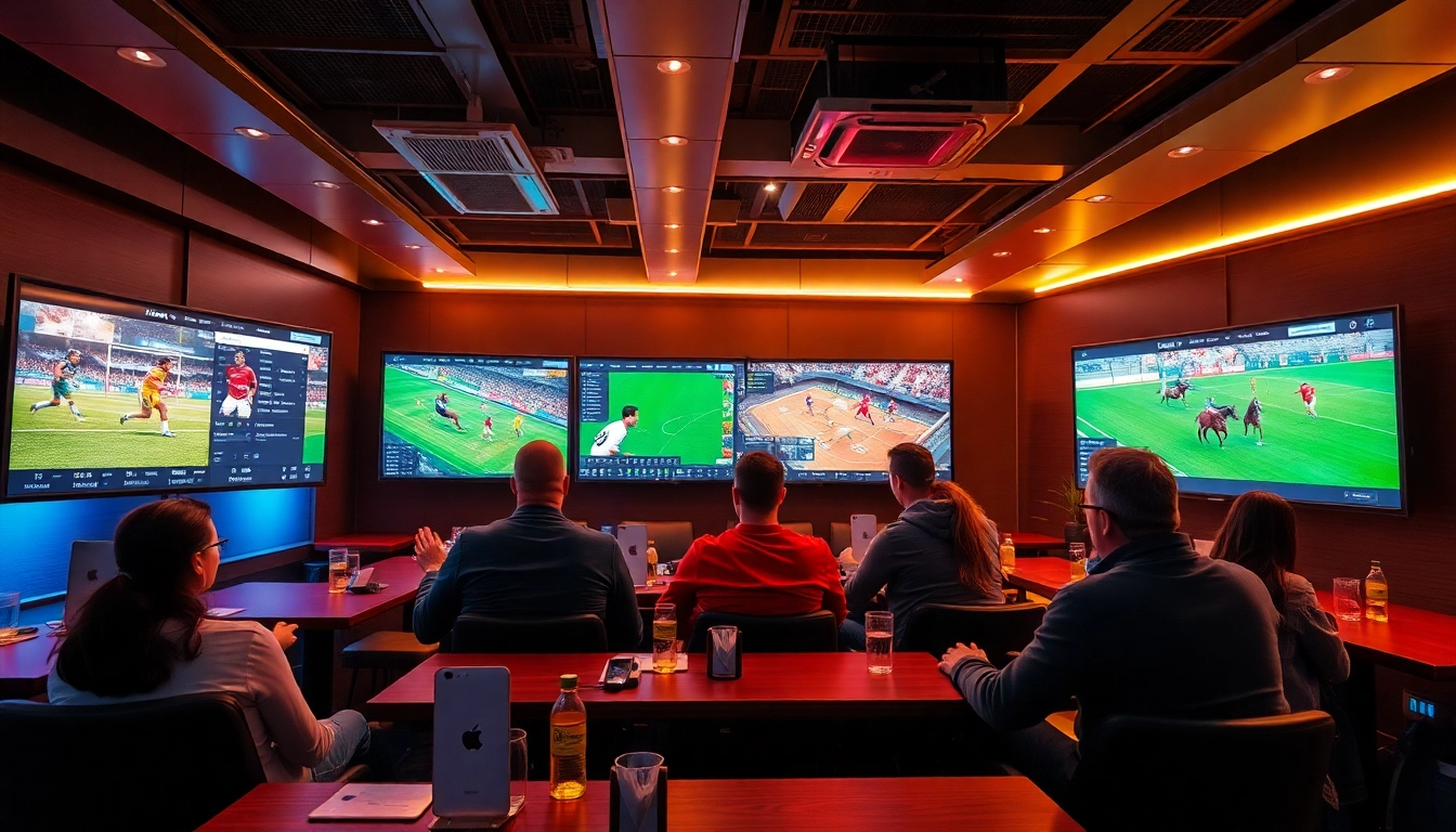 Erleben Sie sportwetten ohne lizenz in einem modernen Wettbüro mit lebendiger Atmosphäre und mehreren Sportereignissen.