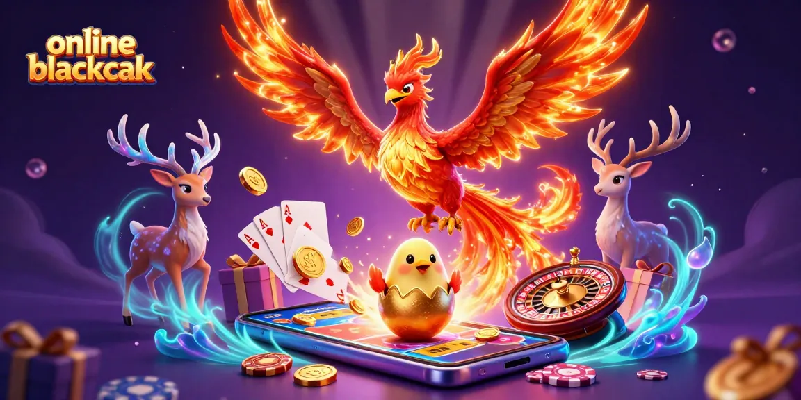 Engage in online blackjack action with themed visuals of vibrant phoenix elements and casino games.