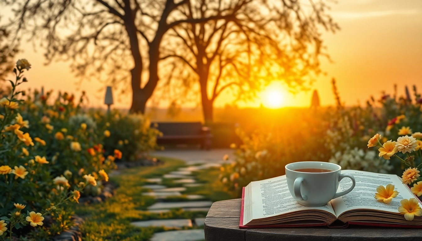In einer poetischen Oase sind Gedichte auf einer Buchseite umgeben von blühenden Pflanzen und einer Tasse Tee.