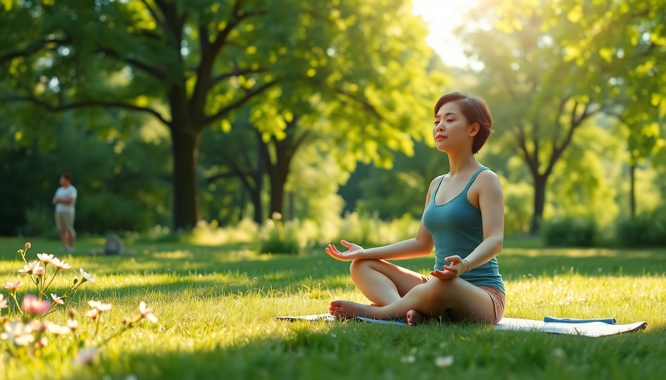 Capturing emotional wellbeing through a person meditating in a serene park setting.