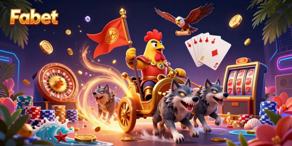 Experience thrilling gameplay at Fabet with a cartoon rooster warlord amidst riches, coins, and immersive casino elements.