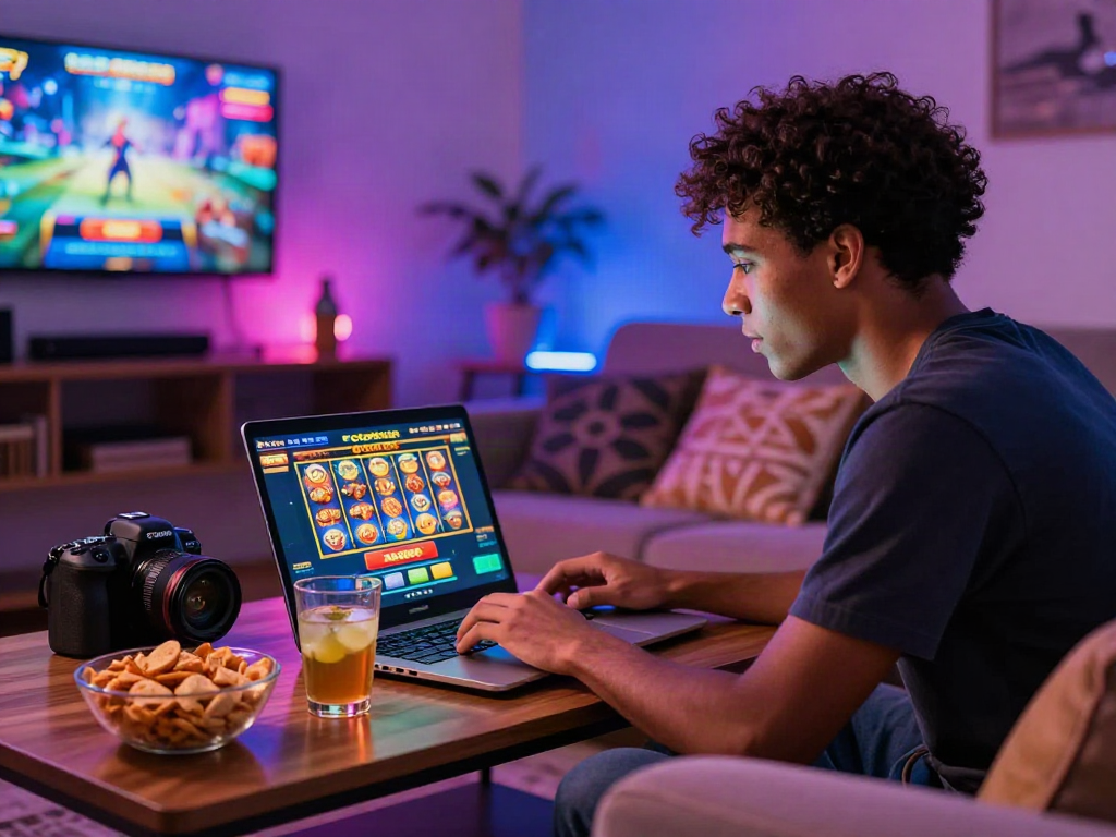 Player engaging in rokok88 slot login in a cozy gaming setup with snacks and LED lighting.