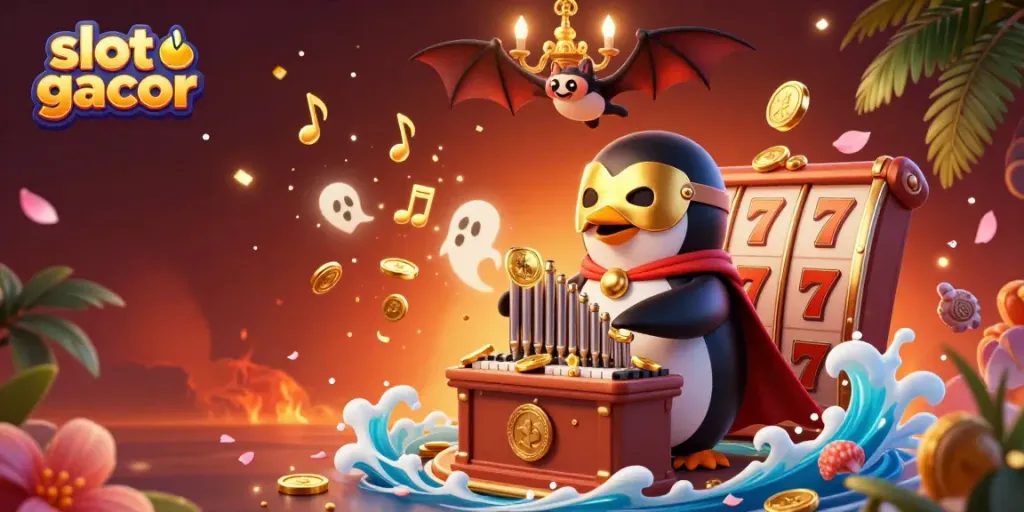 Experience thrilling slot gacor action as a penguin plays a golden coin-shooting organ surrounded by dynamic game elements.
