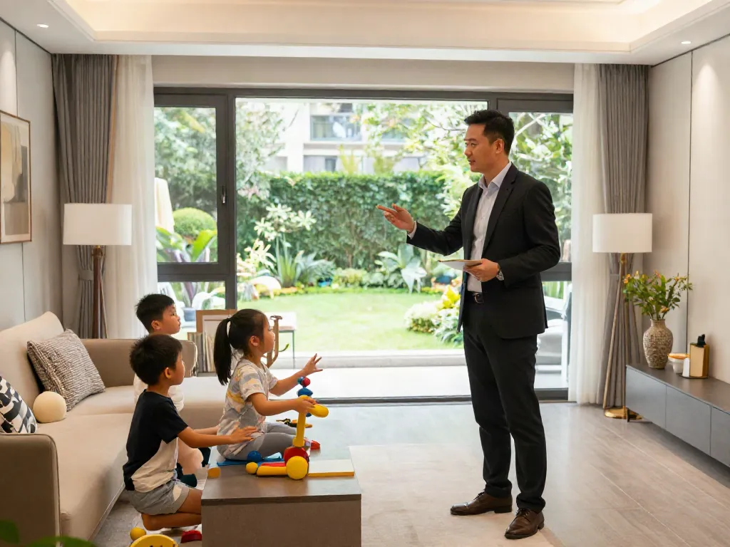 Bester Immobilienmakler Frankfurt zeigt einer Familie eine charmante Immobilie mit elegantem Interieur.