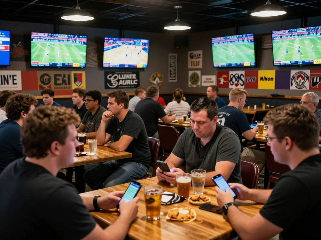 Sports fans placing bets in a lively bar, showcasing tỷ lệ nhà cái on multiple screens.