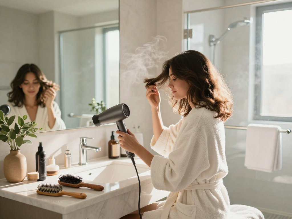 Styling with a compact hair dryer in a bright modern bathroom, emphasizing a serene beauty routine.