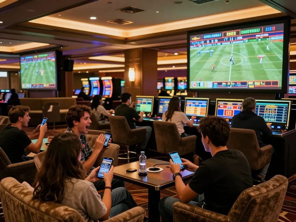 Betting excitement at 32win sports lounge with fans cheering and screens showing live games.