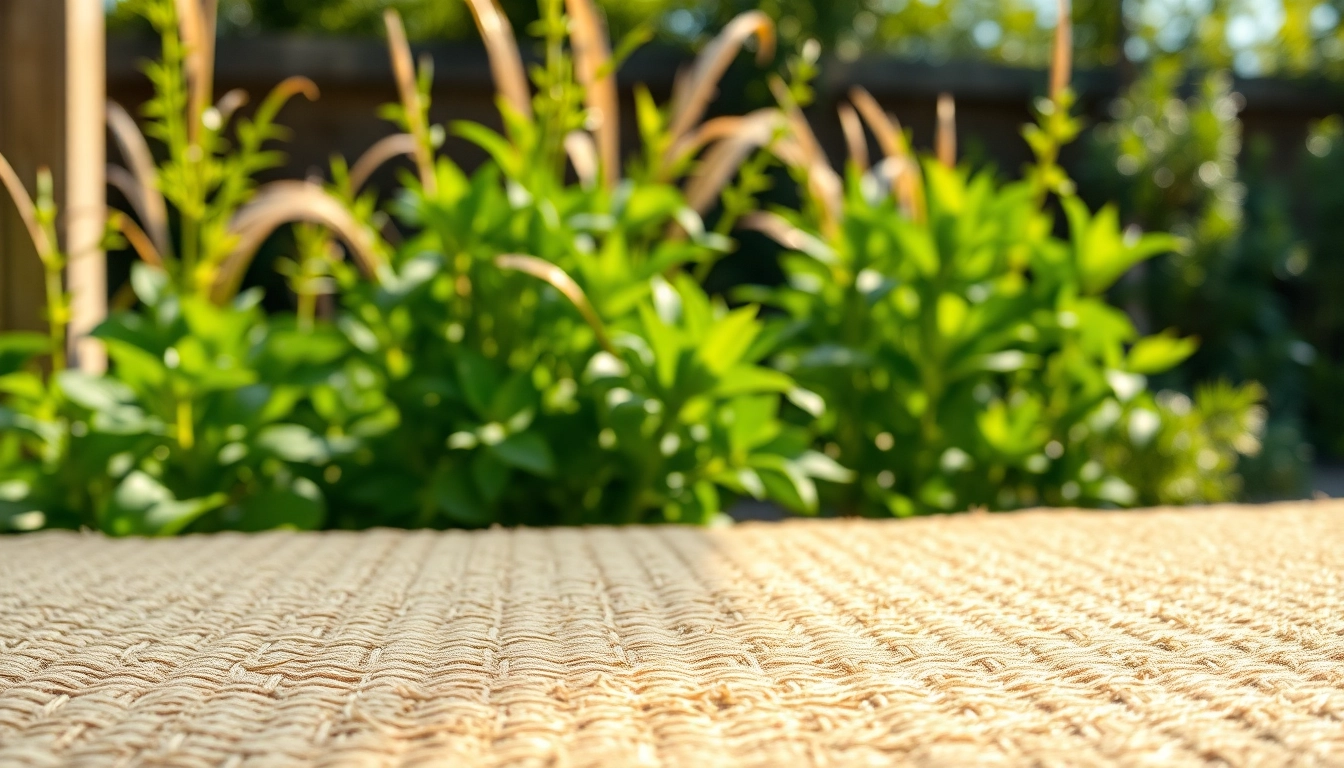 Hanfmatte im Garten voller Pflanzen mit natürlichem Licht, das seine Textur betont.